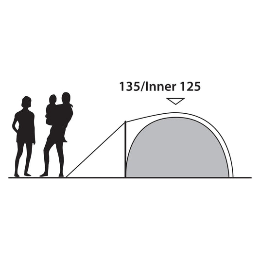 Zwei silhouettierte Figuren stehen neben einem Kuppelzelt mit der Aufschrift „Outwell® 4-Personen Zelt – Cloud 4“ und geben die Abmessungen an.