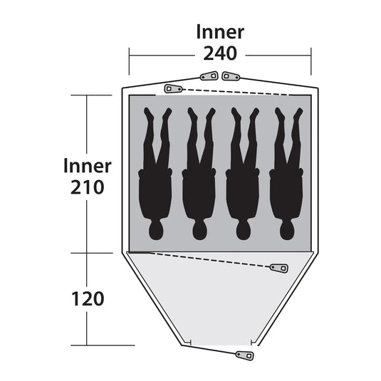 Technisches Diagramm eines Outwell® 4-Personen-Zelts – Cloud 4 mit Abmessungen und Anordnung der Innenkomponenten.