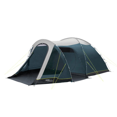 Ein großes, blaues Outwell® 5-Personen Zelt – Cloud 5 Plus Campingzelt mit Führungsseilen, aufgestellt im Freien.