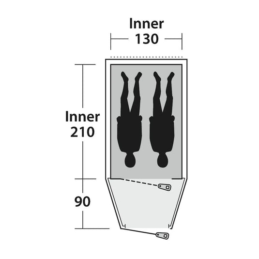 Technisches Diagramm eines Outwell® 2-Personen Zelt - Earth 2, möglicherweise ein Drehspieß oder Fleischkocher, konzipiert für Outdoor-Abenteuer, mit Innenkapazität und Abmessungen.