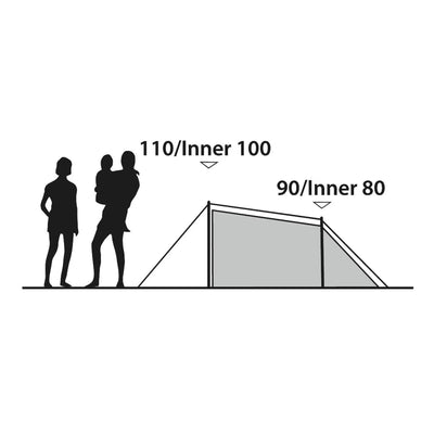 Zwei Silhouettenfiguren betrachten ein Diagramm, das die Abmessungen eines Outwell® 2-Personen-Zelts – Earth 2 mit beschrifteten Maßen zeigt.