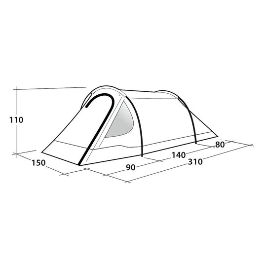 Beschreibung: Diagramm eines Outwell® Earth 2 mit Maßen, die seine Abmessungen angeben.