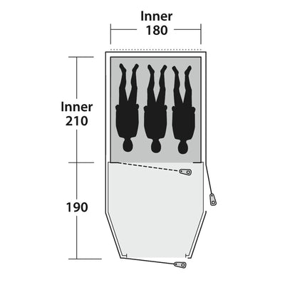 Technisches Diagramm eines vertikalen Schnitts durch eine Outwell Earth 3-Personen Zelt-Aufbewahrungseinheit mit Abmessungen und Innenumriss von vier Objekten, die Gitarren ähneln.