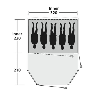 Technisches Diagramm eines Outwell® 5-Personen-Zelts – Earth 5 mit Abmessungen und beschrifteten Teilen.
