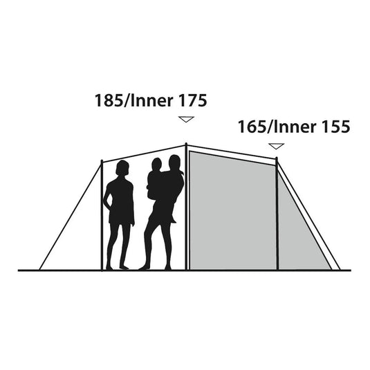 Silhouetten von zwei Personen, die neben einem Outwell® 5-Personen Zelt - Earth 5 Campingzelt stehen, mit Höhenmarkierungen, die 185/innen 175 und 165/innen 155 anzeigen.