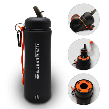 PLUVIA Blackbottle 650 Wasserflasche faltbar mit orangefarbenen Akzenten, mit Strohhalmdeckel, Filtern, Trageschlaufe und mehreren Ansichten von Deckeldetails.