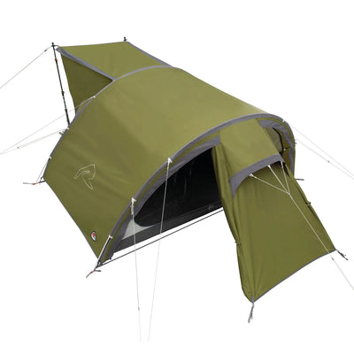 Olivgrünes Robens® 2-Personen Zelt Goshawk 2 Campingzelt mit geöffneter Tür, abgesteckt auf einem schlichten Hintergrund.