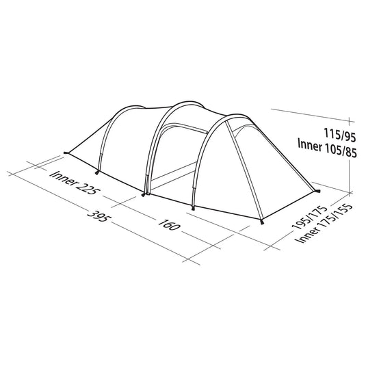 Technische Zeichnung eines Robens® 3-Personen Zelt Voyager Versa 3 mit beschrifteten Maßen.