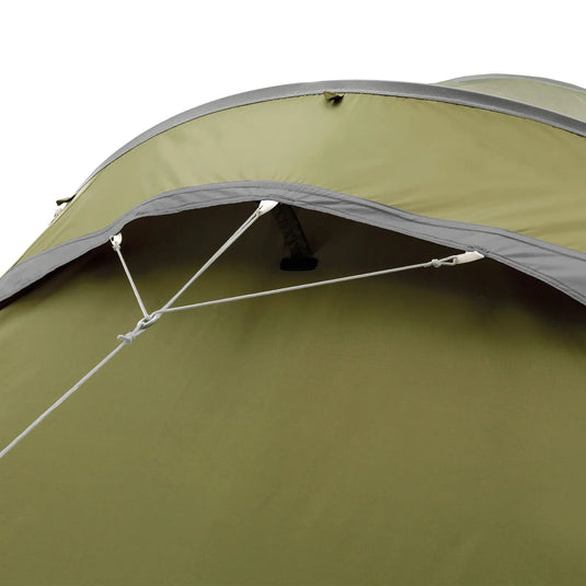 Olivgrünes Robens® Voyager Versa 4 Campingzelt mit teilweise sichtbarem Regenüberdach und Spannschnüren.
