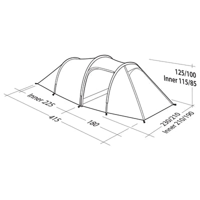 Beschreibung: Technische Zeichnung eines Robens® 4-Personen Zelt Voyager Versa 4 im Tunnelstil mit Abmessungen.