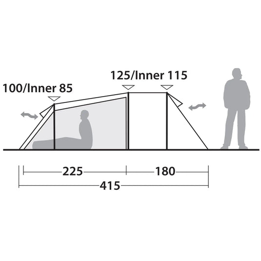 Diagramm, das die Abmessungen und das Fassungsvermögen eines Robens® 4-Personen Zelt Voyager Versa 4 zeigt, mit Abbildungen einer sitzenden und stehenden Person als Maßstab.