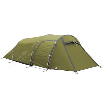 Robens® Olivgrünes 4-Personen-Zelt Voyager Versa 4 Kuppelzelt mit externen Stützstangen, vorbereitet für ein Outdoor-Abenteuer.