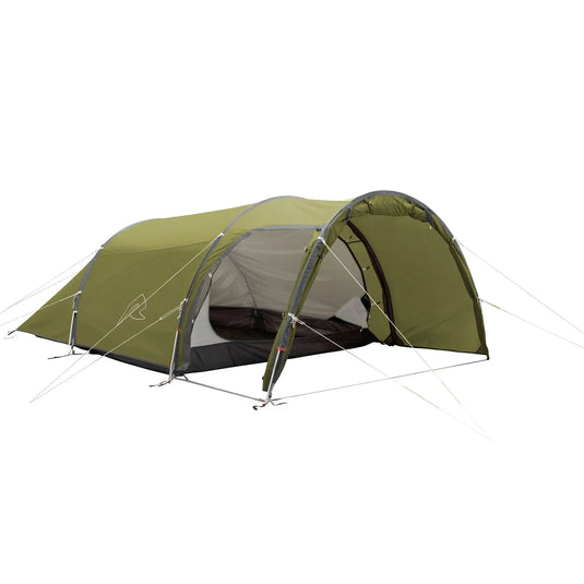 Ein grünes Robens® 4-Personen Zelt Voyager Versa 4 Campingzelt mit geöffnetem Außenzelt vor einem weißen Hintergrund.