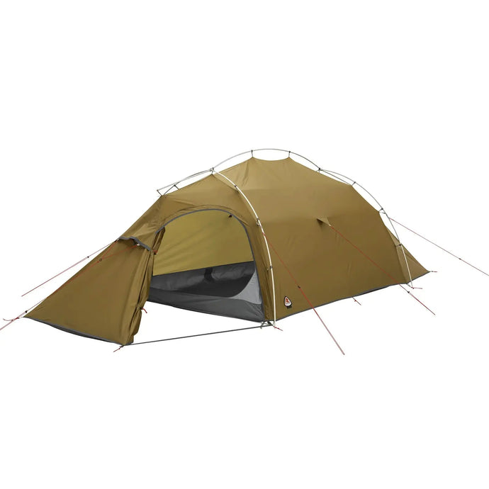 Ein aufgebautes Robens® Stony Brook 3 Tunnelzelt Kuppelzelt mit offenem Eingang vor weißem Hintergrund, ideal für Campingausflüge.