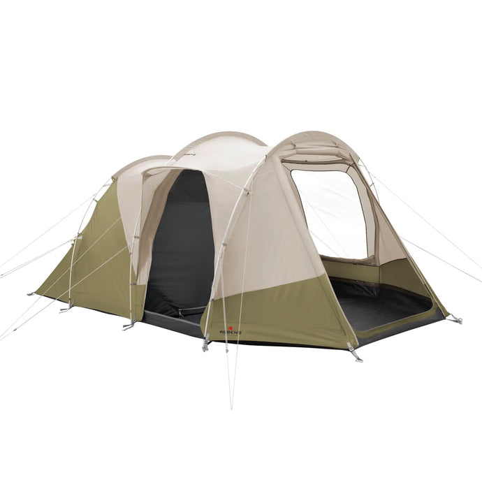 Ein geräumiges Robens® 4-Personen Zelt – Double Dreamer 4 Zelt mit verlängerter Markise, aufgestellt im Freien.