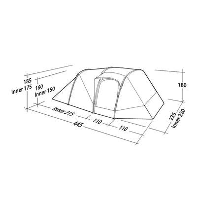 Technische Zeichnung des Robens® 4-Personen Zelt - Double Dreamer 4 Kuppelzelt mit Maßangaben in Zentimetern.