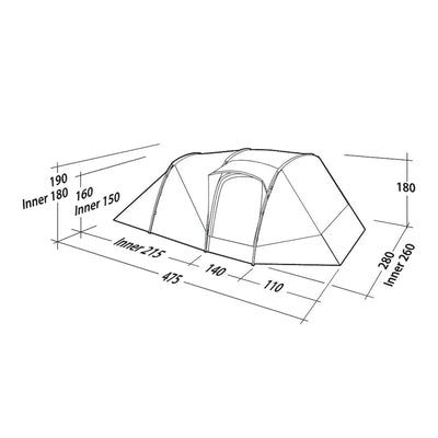 Technische Zeichnung eines Robens® 5-Personen-Zeltes mit Kuppel - Double Dreamer 5 mit Maßangaben.