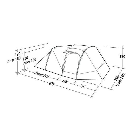 Technische Zeichnung eines Robens® 5-Personen-Zeltes mit Kuppel - Double Dreamer 5 mit Maßangaben.