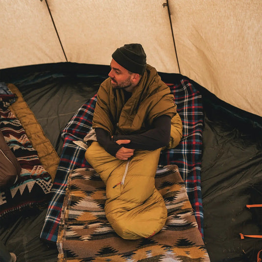 Mann sitzt in einem Zelt auf einem Schlafsack und Decken, trägt eine Jacke und Mütze von Robens® Icefall Quilt (Decke) und sieht nachdenklich aus.