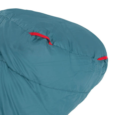 Blauer Robens® Schlafsack Gully 300 +4°C mit roten Reißverschlussschiebern auf weißem Hintergrund.