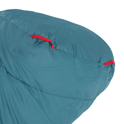 Nahaufnahme eines Robens® Schlafsack Gully 600 -5°C, ein blauer Stoff mit roten Schlaufen, wahrscheinlich Teil eines Schlafsacks oder einer Outdoor-Ausrüstung, die für Schlafkomfort bis -5° ausgelegt ist.