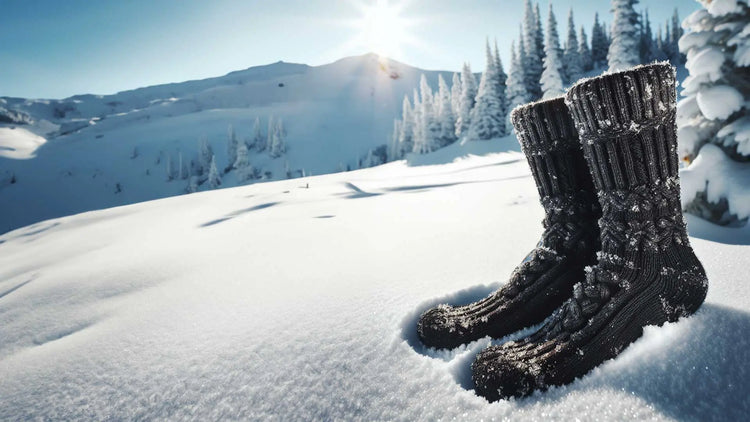 Ein Paar schneebedeckte Stiefel stehen in einer verschneiten Landschaft, im Hintergrund scheint die Sonne.