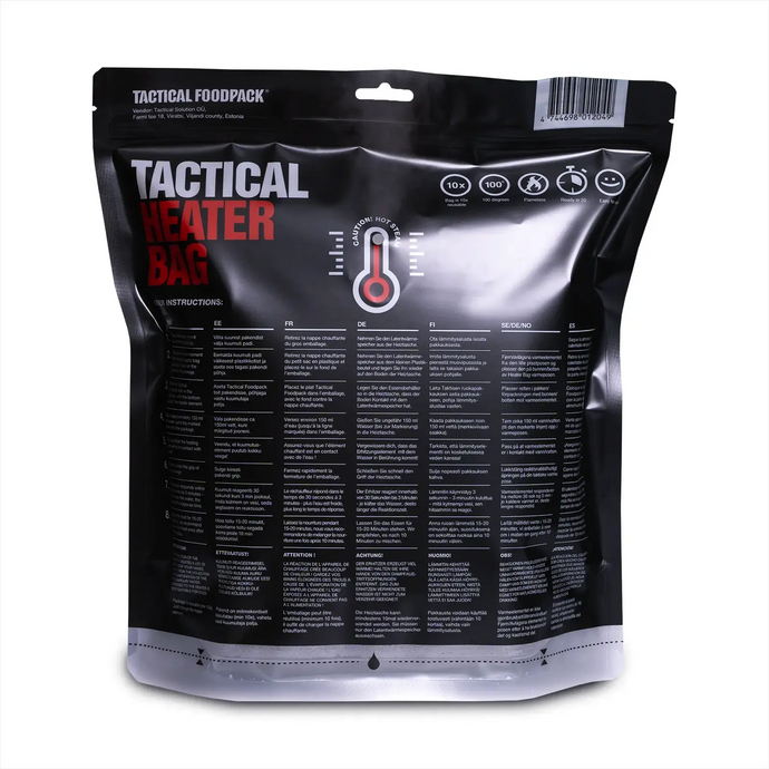 Schwarze „Tactical Foodpack® Heizbeutel mit inkludierten Heizelement“-Verpackung mit Anweisungen und Symbolen, die seine Eigenschaften und Verwendung zur Mahlzeitenerwärmung angeben.