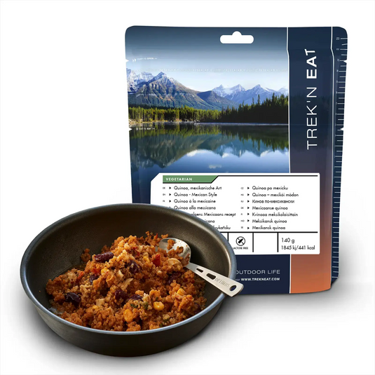 Trek'n Eat Quinoa Mexikanische Art verzehrfertige vegane Mahlzeit mit Verpackung, geeignet für Outdoor-Aktivitäten.