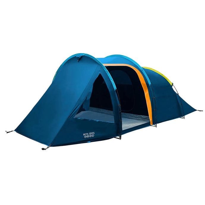Blaues und orangefarbenes Vango™ Beta 350XL Campingzelt isoliert auf weißem Hintergrund.