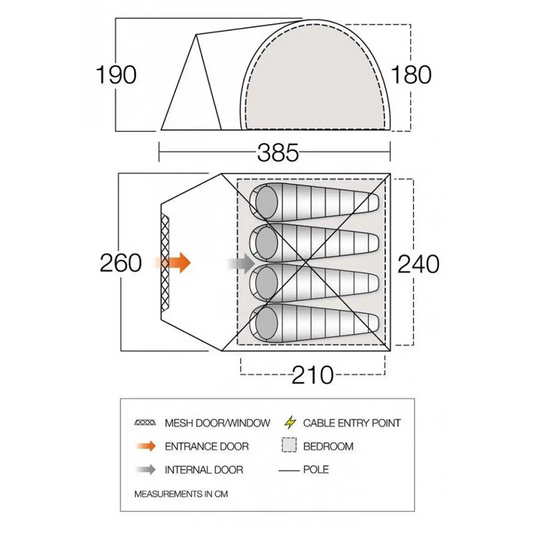 Technisches Diagramm eines kuppelförmigen Vango™ „Cragmor 400“ Kuppelzelts, 4-Personen-Zelt mit Abmessungen und Layoutdetails, einschließlich Eingang, Fenstern und Schlafkabinen.