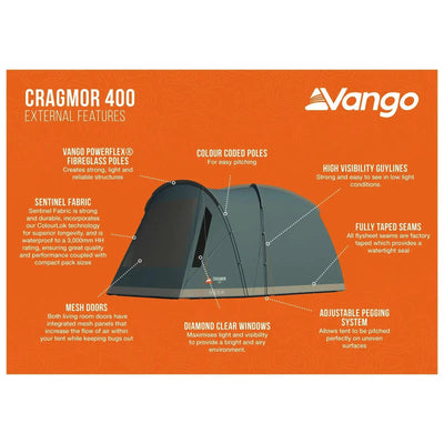 Diagramm, das die Merkmale des Vango™ Cragmor 400 Kuppelzelts mit Anmerkungen zu seiner Stofftechnologie, der Stangenstruktur und den Designverbesserungen für den Campinggebrauch zeigt.