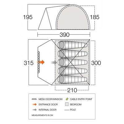 Technisches Diagramm des kuppelförmigen Vango™ „Cragmor 500“-Zeltes mit beschrifteten Abmessungen und Strukturmerkmalen wie Eingangstür, Netztür/-fenster, Kabeleinführungspunkt und Lights-Out-Schlafkabine