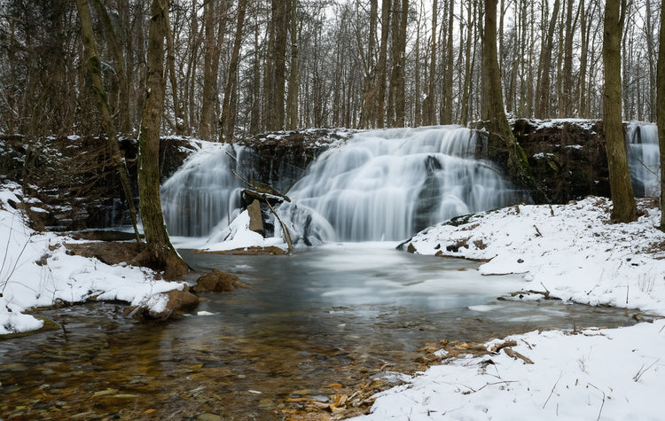 Eine ruhige Winterszene mit einem Wasserfall und umgebendem schneebedecktem Boden und kahlen Bäumen.