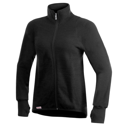 Schwarze Woolpower® Full Zip Jacket Protection 400 (Unisex) mit durchgehendem Reißverschluss vorne und langen Ärmeln.